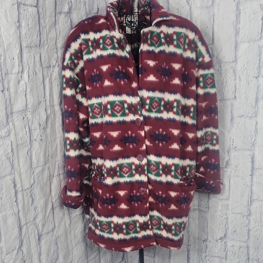 Coco Blue Fleece Button Front‎ Boho Aztec Jacket Large